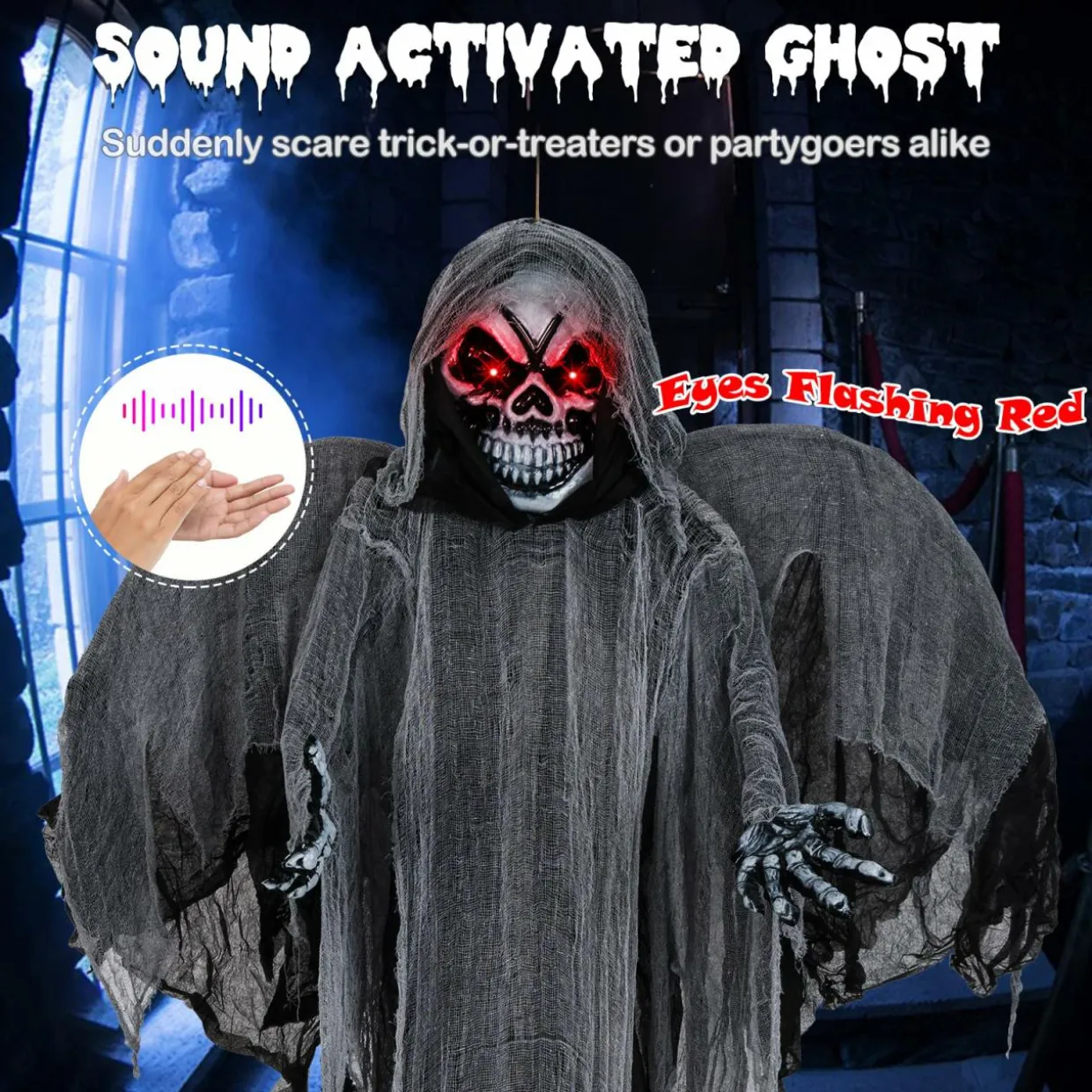 Tangkula 12.1 ft Halloween Hanging Reaper w/Wings, Voice Activated Animatronic Ghost w/Lighted Eyes & Terrifying Sounds