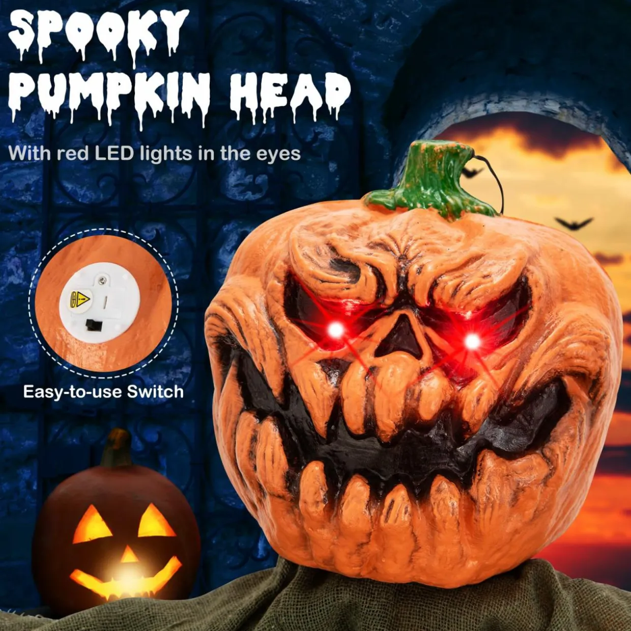 Tangkula 8.2 FT Halloween Hanging Pumpkin Ghost, Light-up Scary Prop for Haunted House with Red Glowing Eyes & Bendable Arms