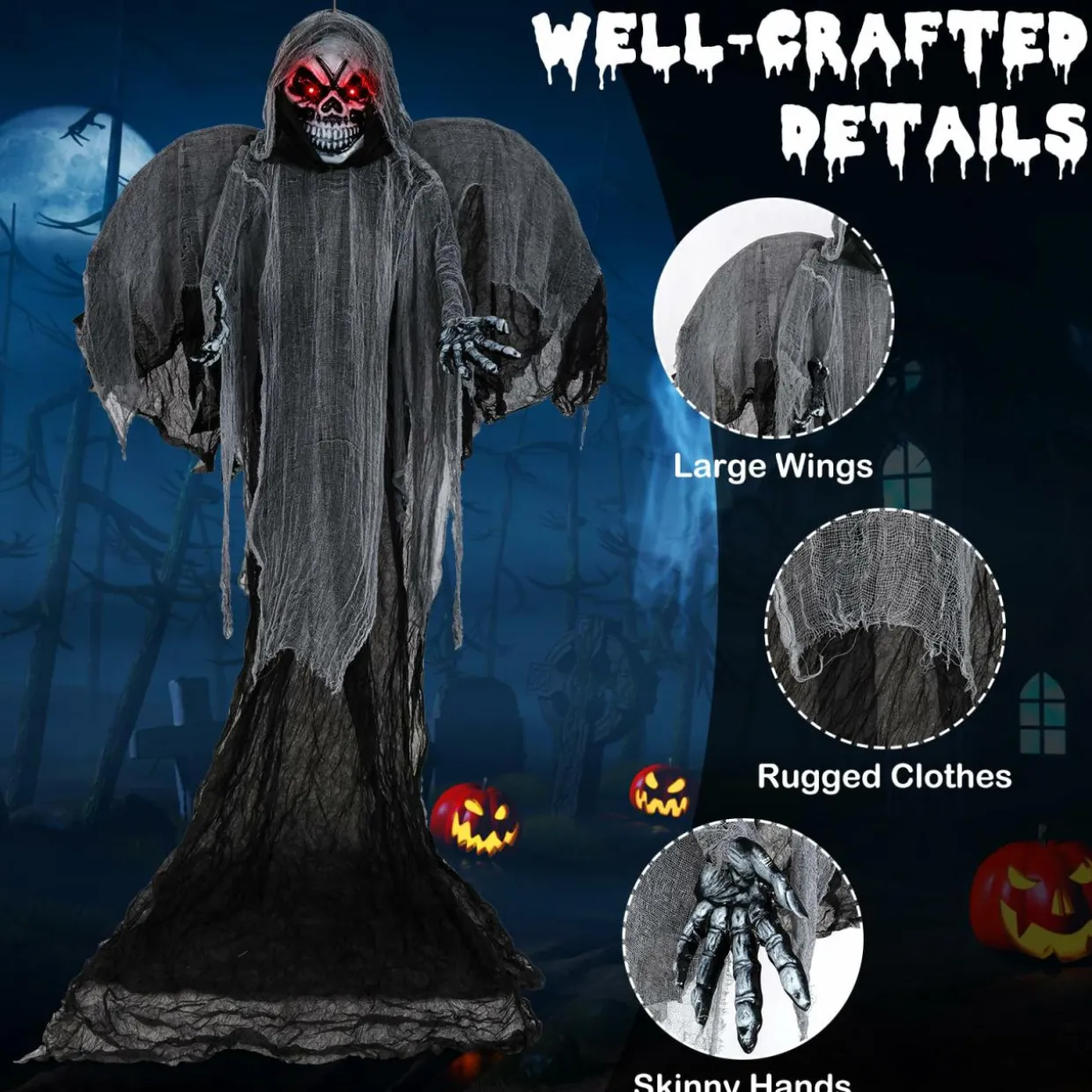 Tangkula 12.1 ft Halloween Hanging Reaper w/Wings, Voice Activated Animatronic Ghost w/Lighted Eyes & Terrifying Sounds