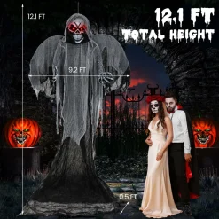 Tangkula 12.1 ft Halloween Hanging Reaper w/Wings, Voice Activated Animatronic Ghost w/Lighted Eyes & Terrifying Sounds