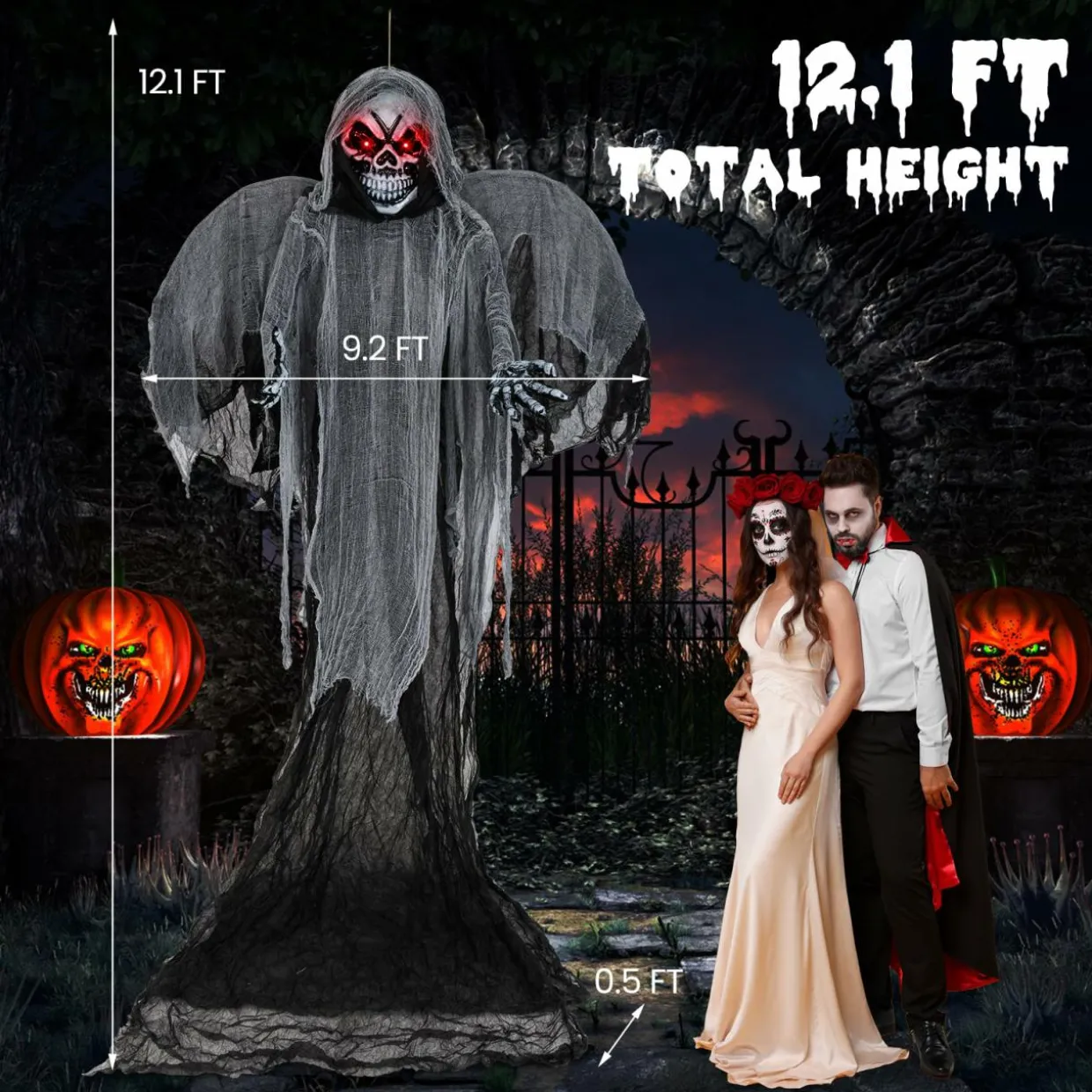Tangkula 12.1 ft Halloween Hanging Reaper w/Wings, Voice Activated Animatronic Ghost w/Lighted Eyes & Terrifying Sounds