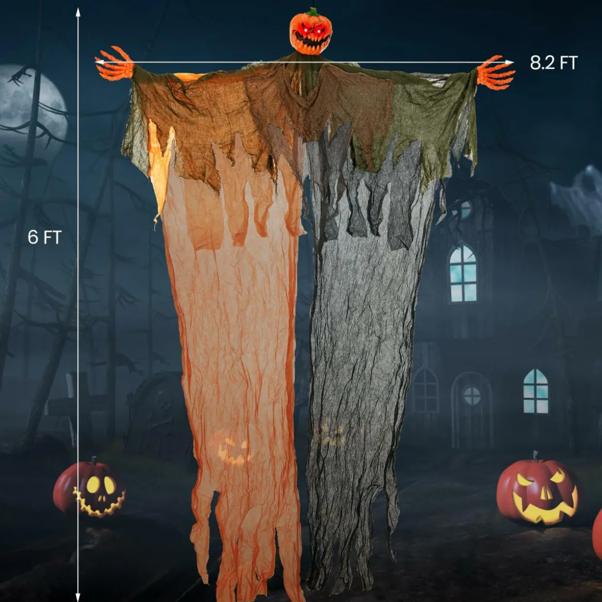 Tangkula 8.2 FT Halloween Hanging Pumpkin Ghost, Light-up Scary Prop for Haunted House with Red Glowing Eyes & Bendable Arms