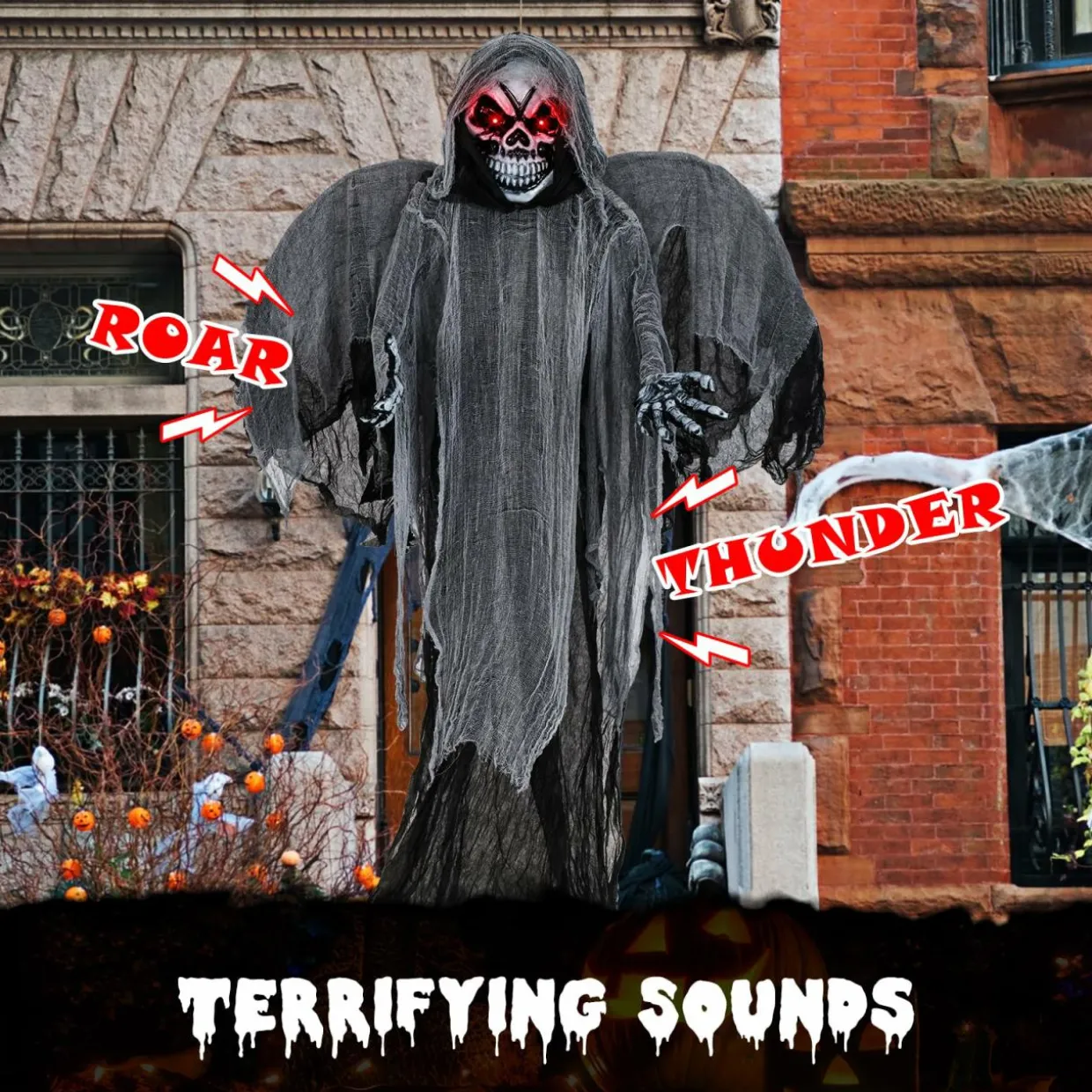 Tangkula 12.1 ft Halloween Hanging Reaper w/Wings, Voice Activated Animatronic Ghost w/Lighted Eyes & Terrifying Sounds