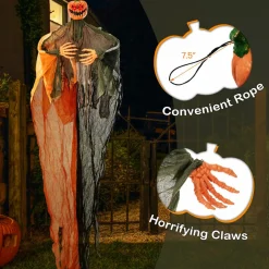 Tangkula 8.2 FT Halloween Hanging Pumpkin Ghost, Light-up Scary Prop for Haunted House with Red Glowing Eyes & Bendable Arms