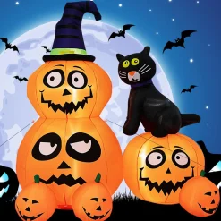 Tangkula 6 FT Halloween Inflatable Pumpkin Patch with Black Witch's Cat