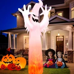 Tangkula 12 FT Halloween Inflatable Ghost W/ Rotating Flame LED Lights, Air Blower, Stake, Sandbag