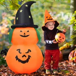 Tangkula 5 Ft Halloween Inflatable Pumpkin with Witch Hat, Blow Up 2 Pumpkins with LED Lights