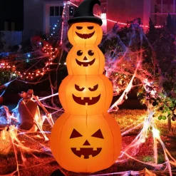 Tangkula 8 FT Halloween Inflatable Pumpkin, 4 Pumpkins Stack Halloween Decorations