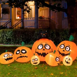 Tangkula 9.5 FT Halloween Inflatable Pumpkin Patch, 7 Pumpkins Family with Witches' Cat