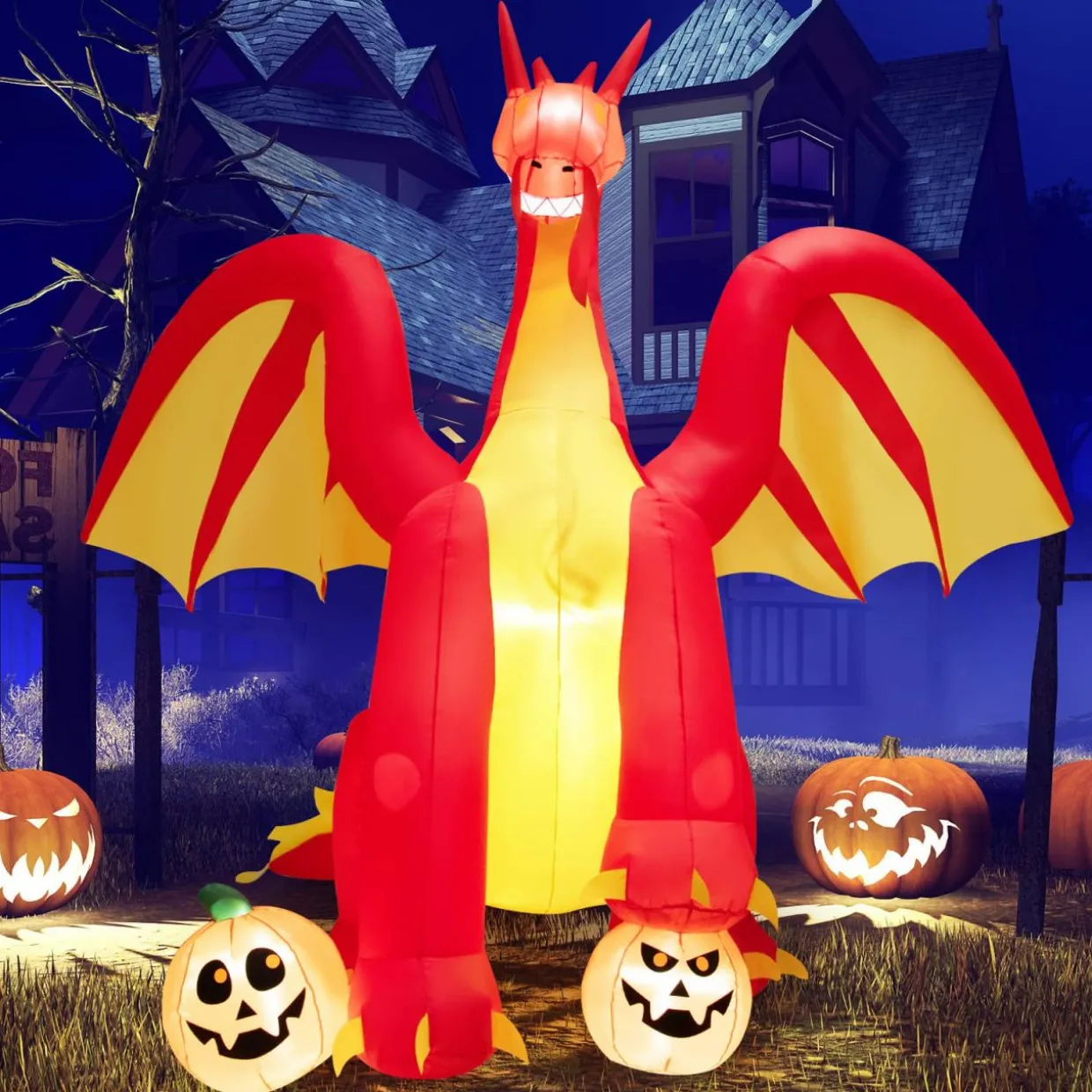 Tangkula 10 FT Halloween Inflatable Giant Fire Dragon, Blow-up Outdoor Halloween Decorations with Built-in LED Lights