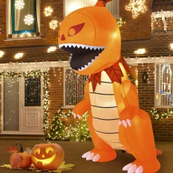 Tangkula 8 FT Halloween Inflatables Pumpkin Head Dinosaur, Large Blow Up Halloween Dinosaur with LED Lights & 4 Stakes