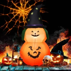 Tangkula 5 Ft Halloween Inflatable Pumpkin with Witch Hat, Blow Up 2 Pumpkins with LED Lights