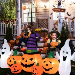 Tangkula 9 FT Halloween Inflatable Pumpkin Ghost, Spooky Lighted Holiday Decoration w/ Witch's Hat,