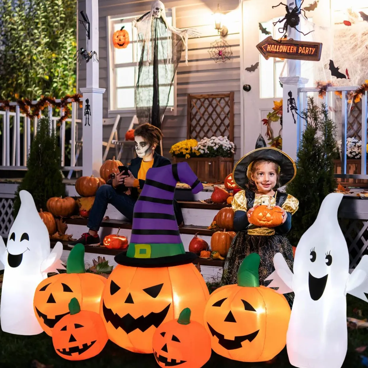 Tangkula 9 FT Halloween Inflatable Pumpkin Ghost, Spooky Lighted Holiday Decoration w/ Witch's Hat,