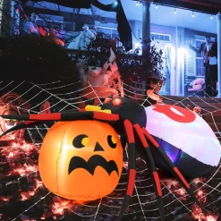Tangkula 5 FT Halloween Inflatable Spider with Pumpkin, LED Lighted Halloween Decoration with Colorful Rotating Light