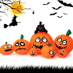 Tangkula 9.5 FT Halloween Inflatable Pumpkin Patch, 7 Pumpkins Family with Witches' Cat