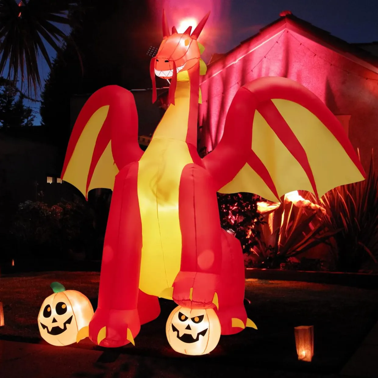 Tangkula 10 FT Halloween Inflatable Giant Fire Dragon, Blow-up Outdoor Halloween Decorations with Built-in LED Lights