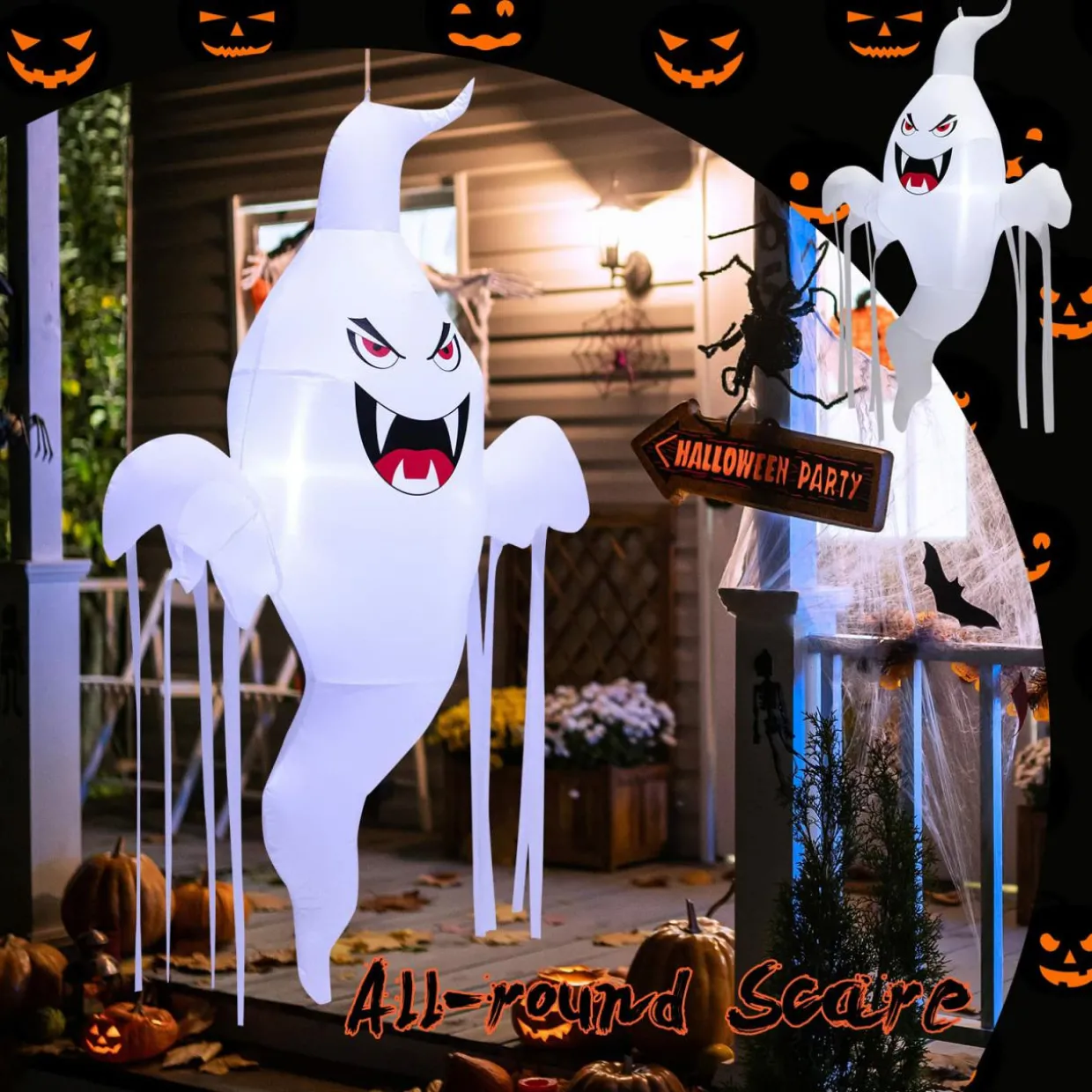 Tangkula 5 FT Halloween Inflatable Hanging Ghost, Blow-up Yard Decoration with Built-in LED Light