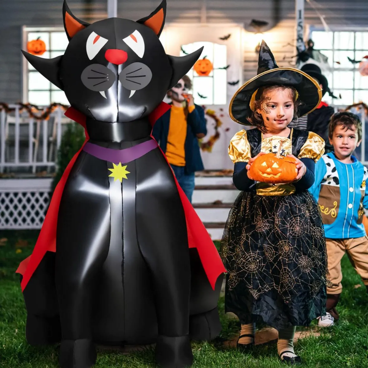 Tangkula 4.7 FT Halloween Inflatable Vampire Black Cat with Red Cloak, Blow-up Holiday Decoration with 2 Built-in LED Lights