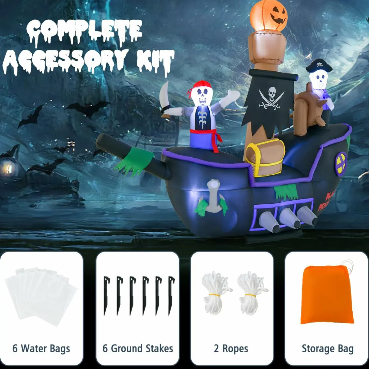 Tangkula 7 FT Halloween Inflatable Skeletons Ghosts On Pirate Ship