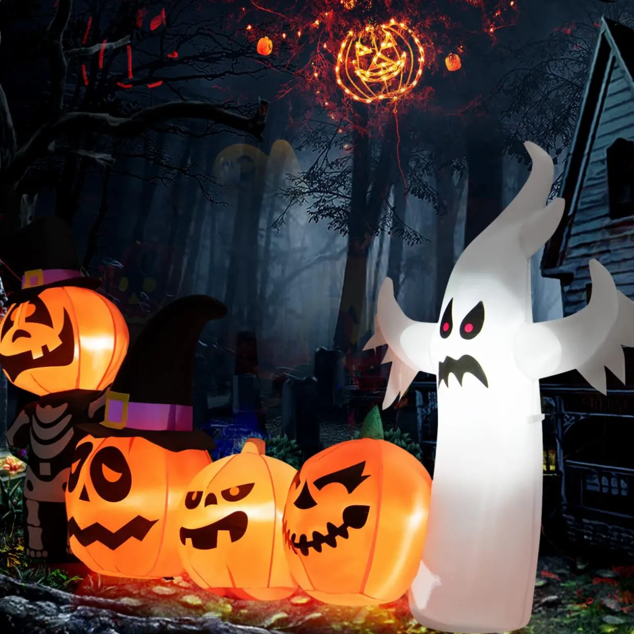 Tangkula 7.5 FT Halloween Inflatable Pumpkin Patch with Ghost, Skeleton & Witches Hats