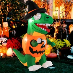 Tangkula 6 FT Halloween Inflatables Pumpkin Dinosaur with Witch Hat, Hook Hand & Built-in LED Lights