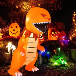 Tangkula 8 FT Halloween Inflatables Pumpkin Head Dinosaur, Large Blow Up Halloween Dinosaur with LED Lights & 4 Stakes