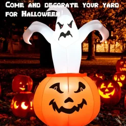 Tangkula 6 FT Halloween Inflatable Ghost in Pumpkin, Blow-up Ghost with Internally LED Bulb & Waterproof Fan