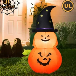 Tangkula 5 Ft Halloween Inflatable Pumpkin with Witch Hat, Blow Up 2 Pumpkins with LED Lights