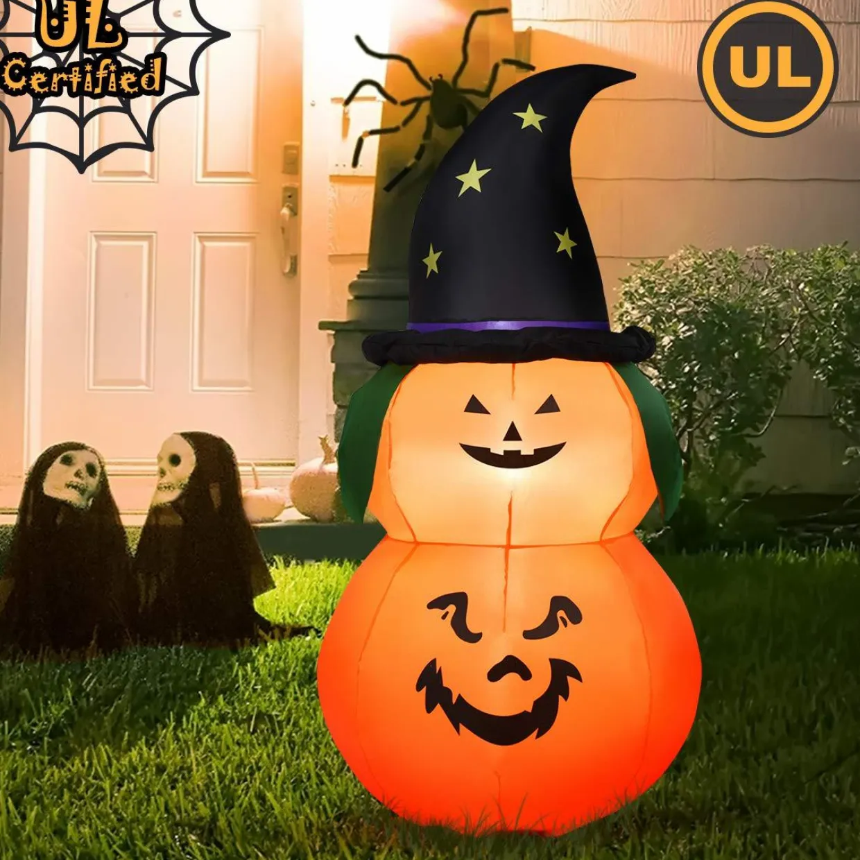 Tangkula 5 Ft Halloween Inflatable Pumpkin with Witch Hat, Blow Up 2 Pumpkins with LED Lights