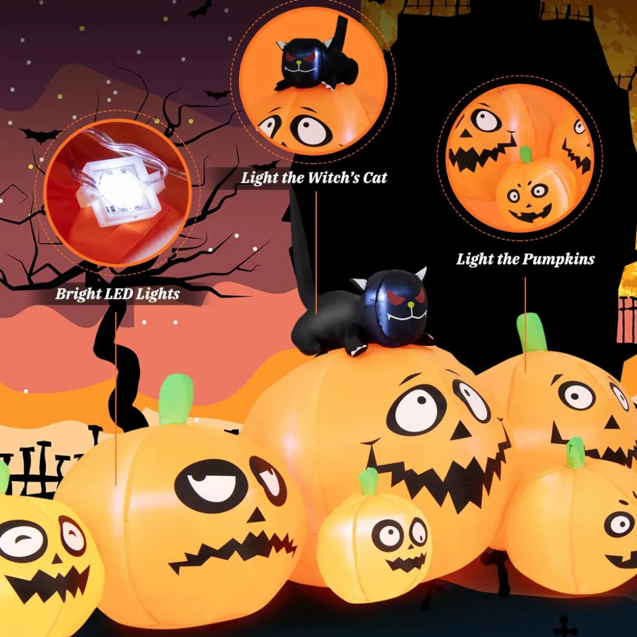 Tangkula 8 FT Halloween Inflatable Pumpkin Patch Lanterns with Witches' Cat