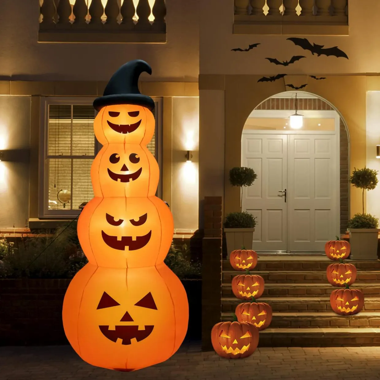 Tangkula 8 FT Halloween Inflatable Pumpkin, 4 Pumpkins Stack Halloween Decorations