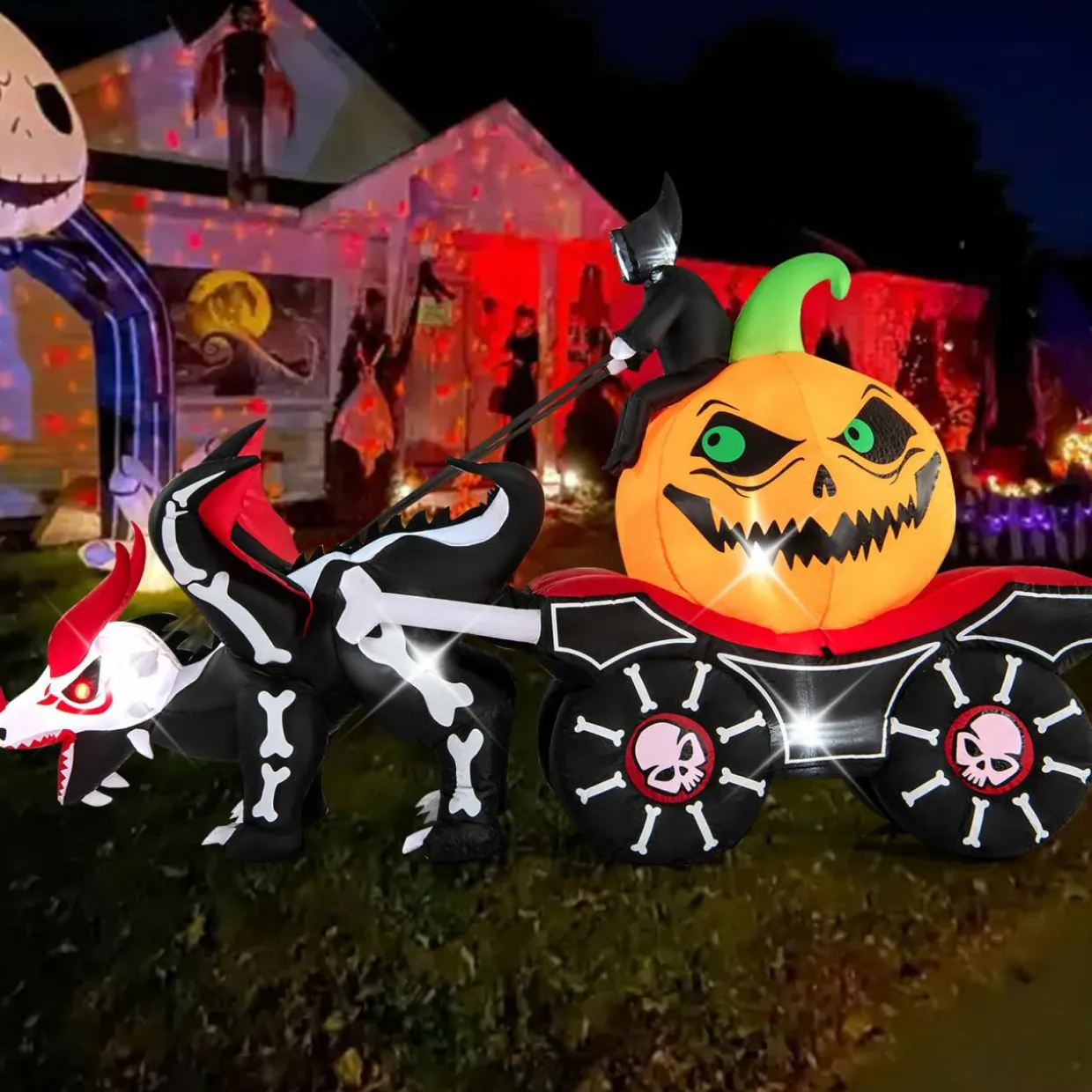 Tangkula 9 FT Halloween Inflatable Grim Reaper Driving Pumpkin Carriage, LED Lighted Carriage with Pumpkin & Skeleton Dragon