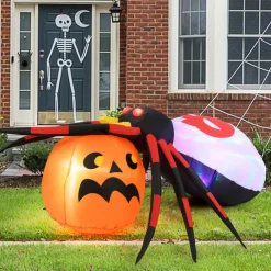 Tangkula 5 FT Halloween Inflatable Spider with Pumpkin, LED Lighted Halloween Decoration with Colorful Rotating Light