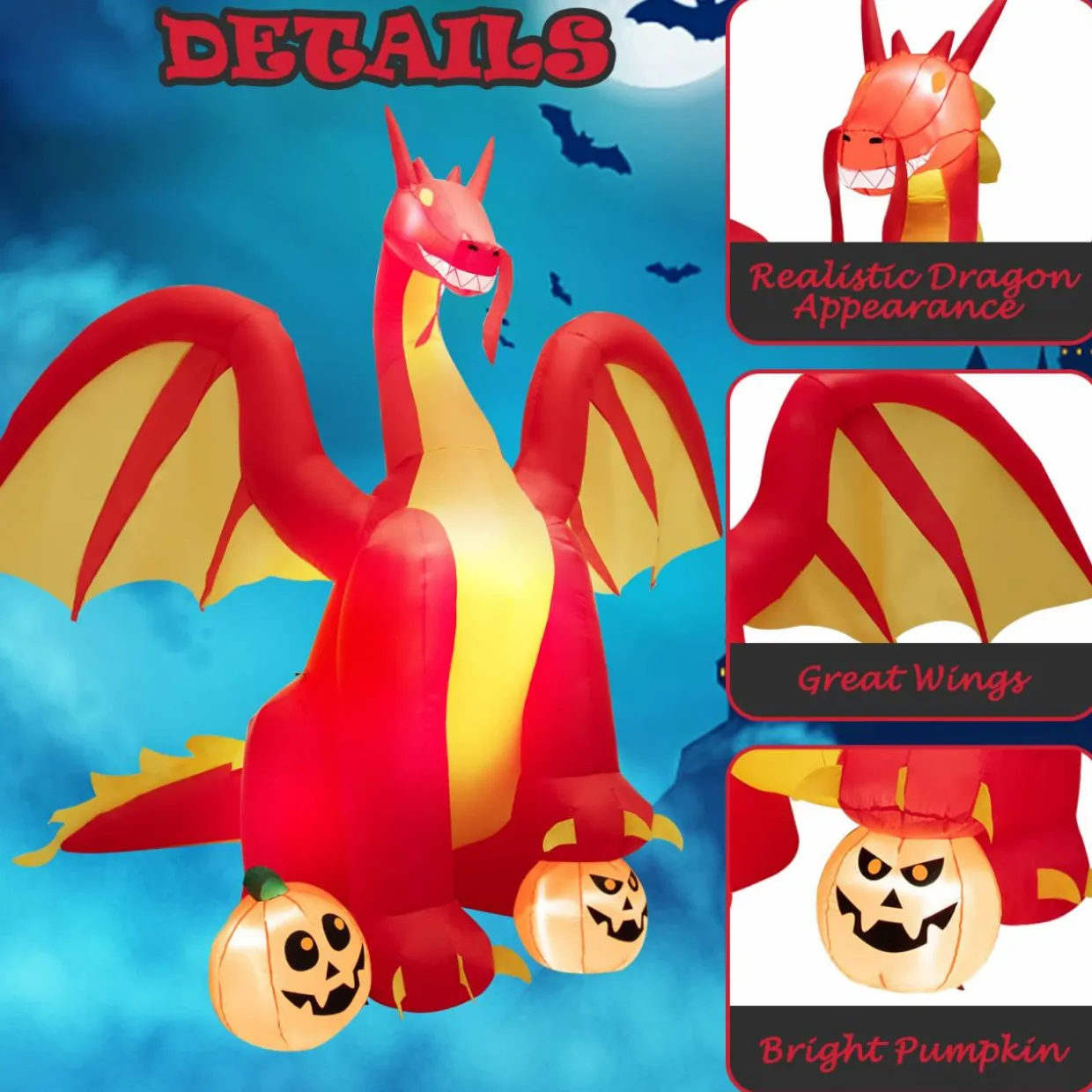 Tangkula 10 FT Halloween Inflatable Giant Fire Dragon, Blow-up Outdoor Halloween Decorations with Built-in LED Lights