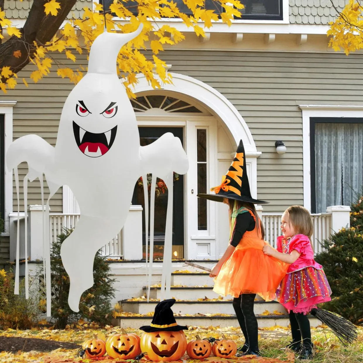 Tangkula 5 FT Halloween Inflatable Hanging Ghost, Blow-up Yard Decoration with Built-in LED Light