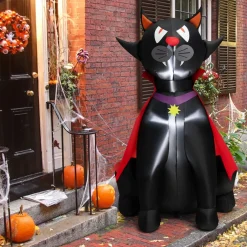 Tangkula 4.7 FT Halloween Inflatable Vampire Black Cat with Red Cloak, Blow-up Holiday Decoration with 2 Built-in LED Lights
