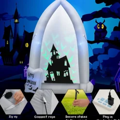 Tangkula 7 FT Halloween Inflatable Tombstone with Bat Lighting Effects