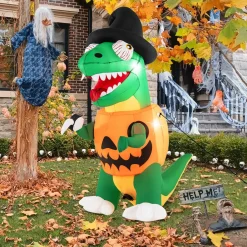 Tangkula 6 FT Halloween Inflatables Pumpkin Dinosaur with Witch Hat, Hook Hand & Built-in LED Lights