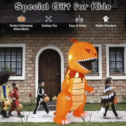 Tangkula 8 FT Halloween Inflatables Pumpkin Head Dinosaur, Large Blow Up Halloween Dinosaur with LED Lights & 4 Stakes