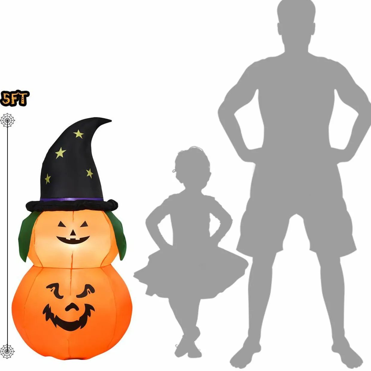 Tangkula 5 Ft Halloween Inflatable Pumpkin with Witch Hat, Blow Up 2 Pumpkins with LED Lights
