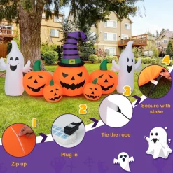 Tangkula 9 FT Halloween Inflatable Pumpkin Ghost, Spooky Lighted Holiday Decoration w/ Witch's Hat,