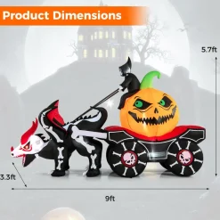 Tangkula 9 FT Halloween Inflatable Grim Reaper Driving Pumpkin Carriage, LED Lighted Carriage with Pumpkin & Skeleton Dragon