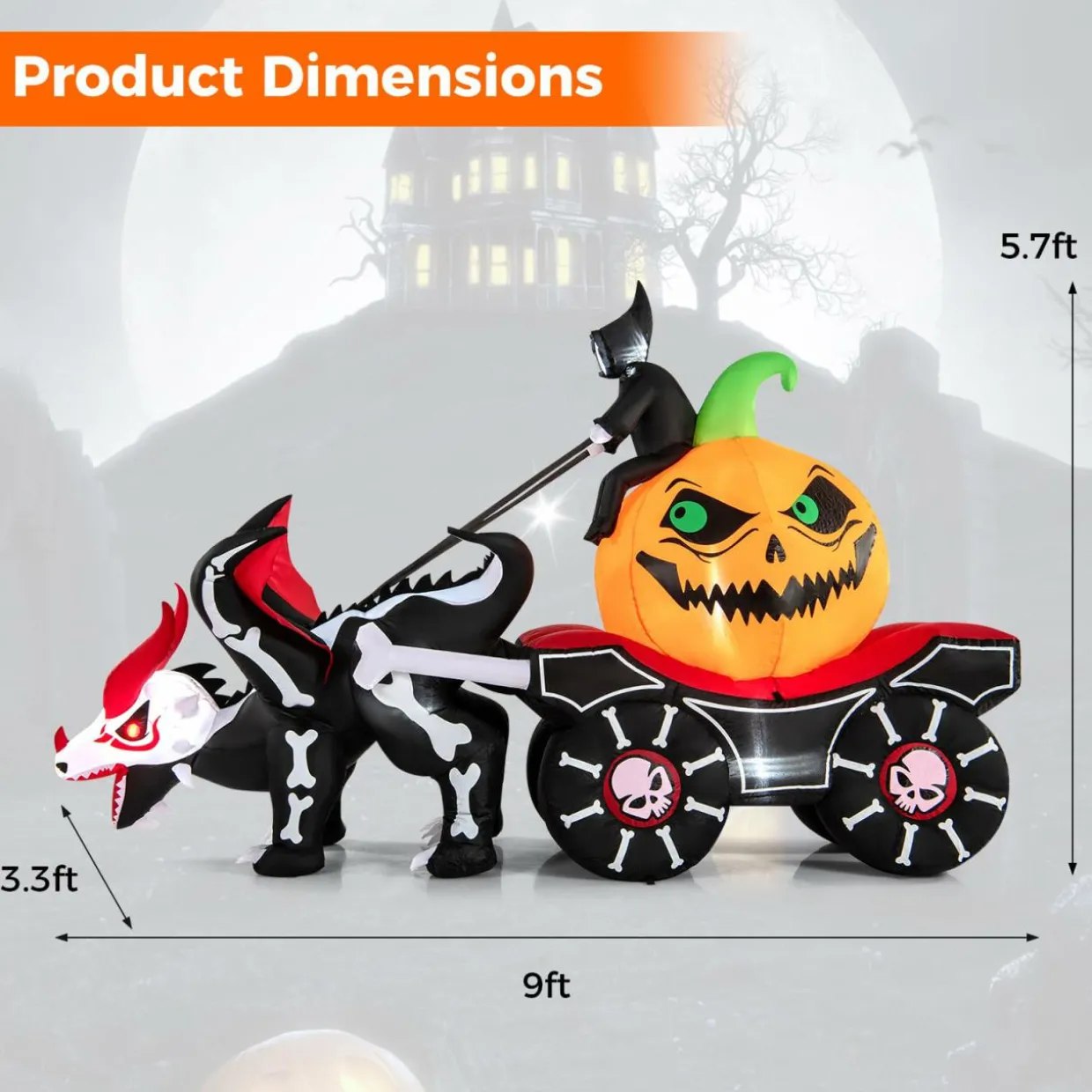 Tangkula 9 FT Halloween Inflatable Grim Reaper Driving Pumpkin Carriage, LED Lighted Carriage with Pumpkin & Skeleton Dragon