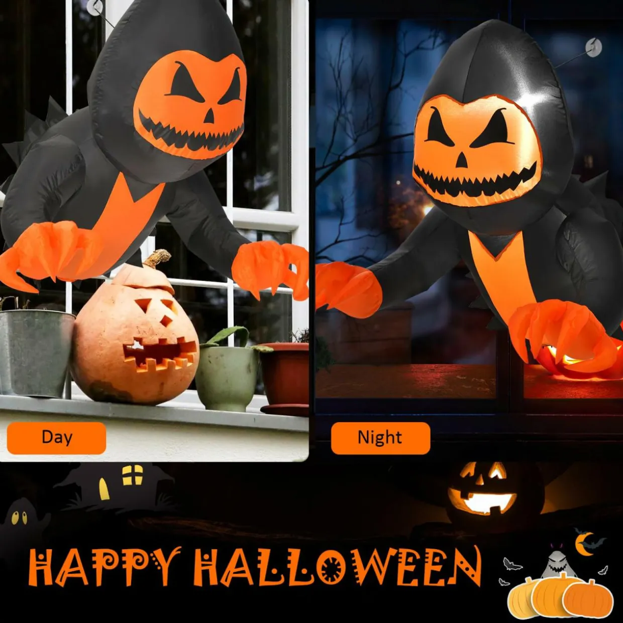 Tangkula 3.3 FT Halloween Inflatable Pumpkin Head Ghost Broke Out from Window