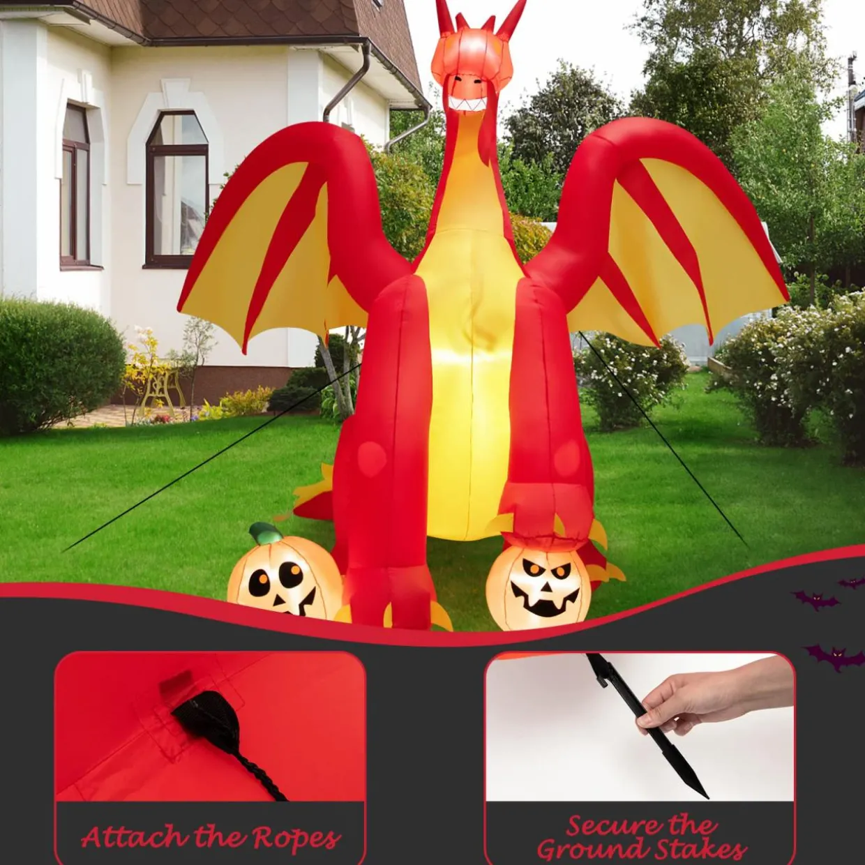 Tangkula 10 FT Halloween Inflatable Giant Fire Dragon, Blow-up Outdoor Halloween Decorations with Built-in LED Lights