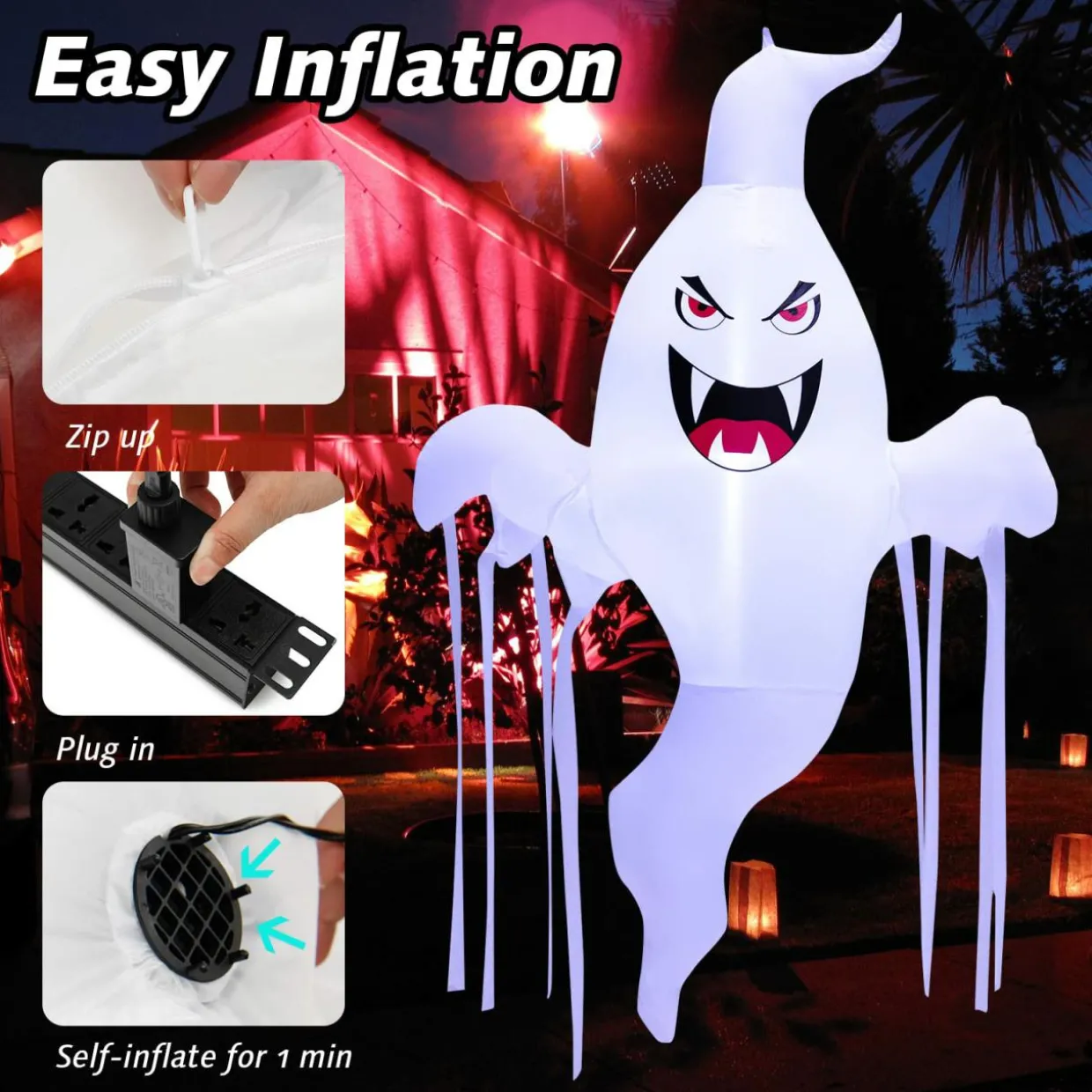 Tangkula 5 FT Halloween Inflatable Hanging Ghost, Blow-up Yard Decoration with Built-in LED Light