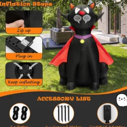 Tangkula 4.7 FT Halloween Inflatable Vampire Black Cat with Red Cloak, Blow-up Holiday Decoration with 2 Built-in LED Lights