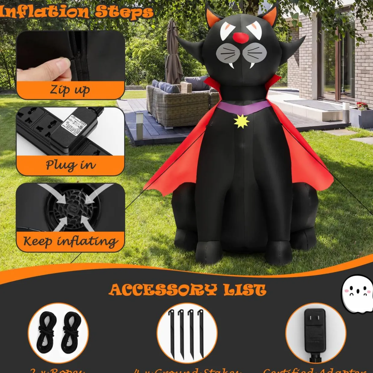 Tangkula 4.7 FT Halloween Inflatable Vampire Black Cat with Red Cloak, Blow-up Holiday Decoration with 2 Built-in LED Lights