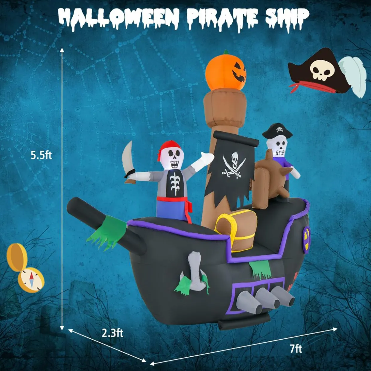 Tangkula 7 FT Halloween Inflatable Skeletons Ghosts On Pirate Ship